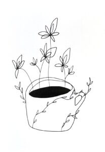 černobílá digitální kresba hrnek kávy s květinami